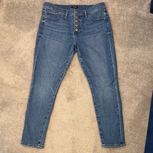 Express Women's Medium Blue Skinny Jeans with Button-Fly